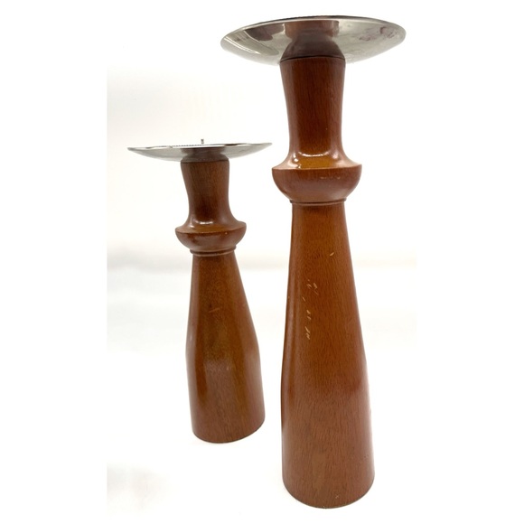Set of 3 Target Wooden Teak Pillar Candle Holders MCM Inspired - Picture 3 of 5